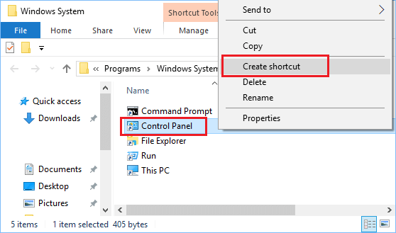 Create Shortcut For Control Panel