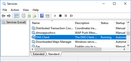 DNS Client on Services Screen in Windows 10