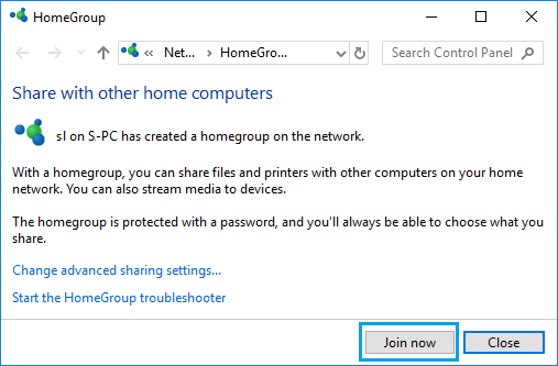 Join Computer to HomeGroup in Windows 10