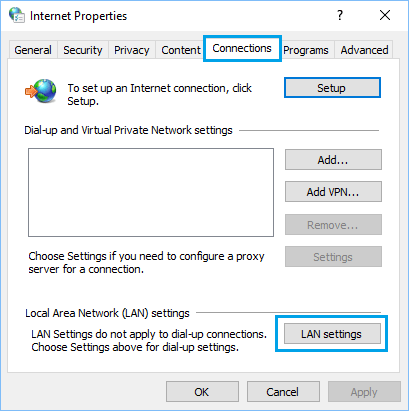 LAN Settings Option on Windows Computer