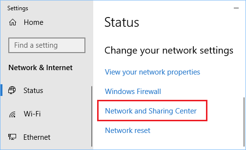 Network and Sharing Center Option in Windows 10