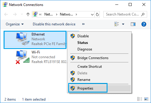 Ethernet Properties Option