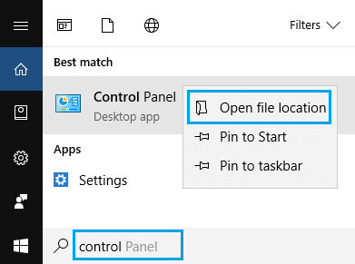 Open Control Panel File Location