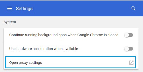 Open Proxy Settings Option in Chrome Browser