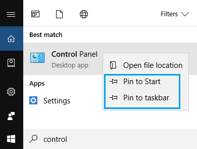 Pin ovládací Panel na hlavním panelu v systému Windows 10