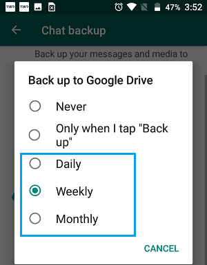 Select WhatsApp Chat Backup Period On Android Phone