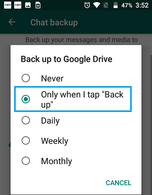 WhatsApp Chat Backup Options on Android Phone