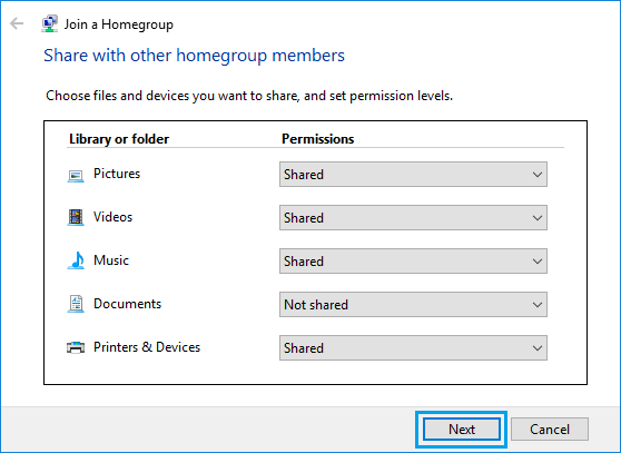 Choose Files and Devices to Share With HomeGroup Computers