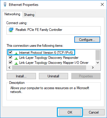 Enable TCP/IPV6 Internet Service Protocol