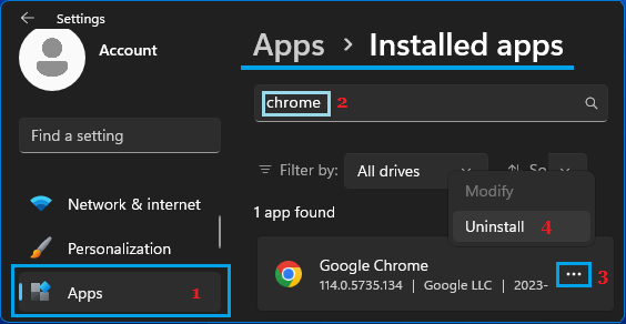 Uninstall Chrome on Windows 11