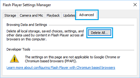 Delete Flash Player Data and Settings Option in Windows 10