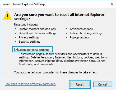 Reset Internet Explorer Settings and Delete Personal Settings 