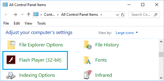 Flash Player Icon on Windows Control Panel Screen 