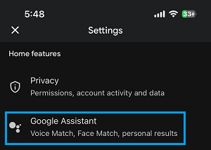 Google Assistant Settings Tab on Google Home