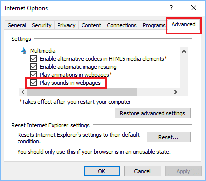 Play Sounds in webpages Option in Internet Advanced Options