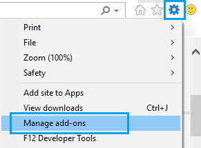 Manage Add-Ons Option in Internet Explorer