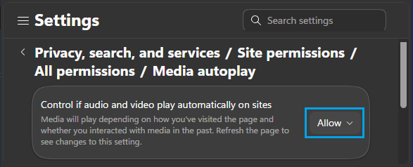 Enable Media Play Option in Microsoft Edge