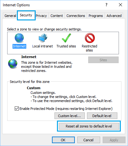 Reset All Zones to Default Level Option onInternet Options Screen