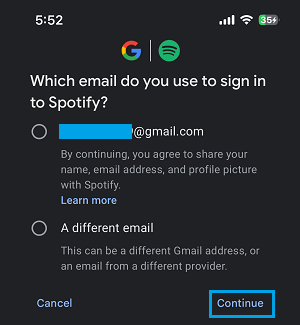 Select Email Address to Link Option on Google Home