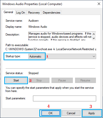 Set Windows Audio Service to Automatic and Start