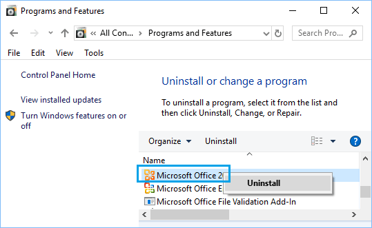 Uninstall Microsoft Office Using Control Panel