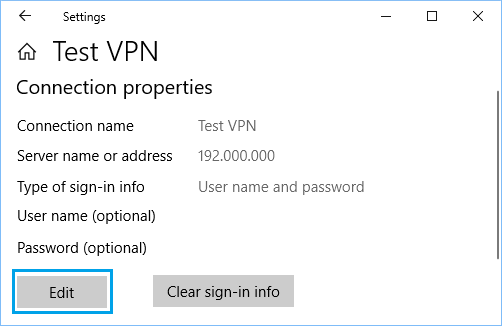 VPN Connection Properties Screen