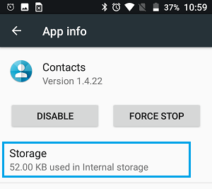 Storage Option on Contacts App's Info Screen