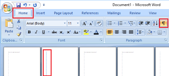 Home Tab and Paragraph Markers Icon in Microsoft Word