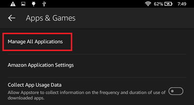 kindle fire manage applications apps screen uninstall tab downloaded app tap go games