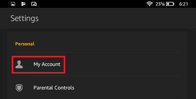 My Account Tab on Kindle Fire