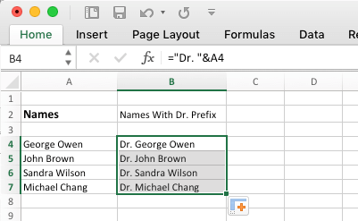 Add Prefix to Group of Cells in Excel Using "&" Operator