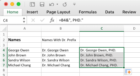 Add Suffix to Group of Cells in Excel Using “&” Operator