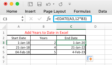 Add Years to Date in Excel