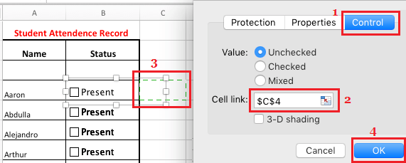 Link Check Boxes to Cells in Excel