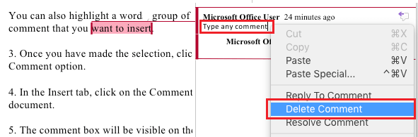 Delete Comment in Microsoft Word