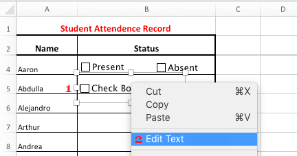 Edit Check Box Text in Excel