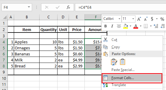 Format Cells option in Excel