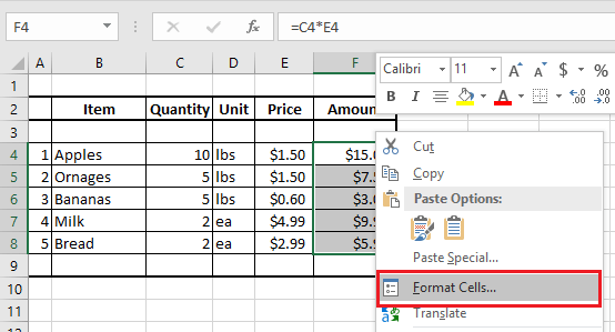 Format Cells Option in Excel