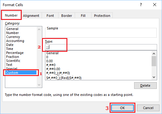 Hide Cells Using Custom Format in Excel