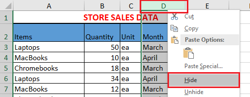 Hide Columns in Excel