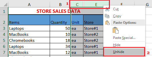 Unhide Columns in Excel