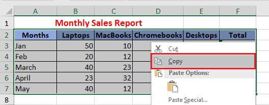 Copy Selection in Excel