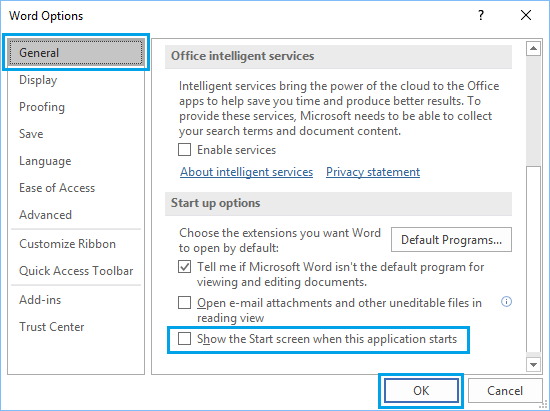 Disable Start Screen in Microsoft Word