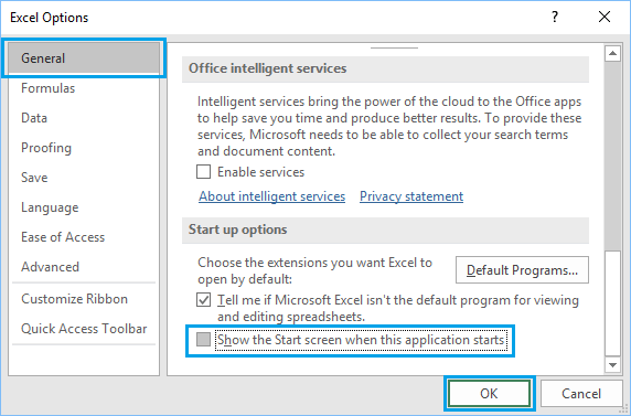 Disable Start Screen in Microsoft Excel