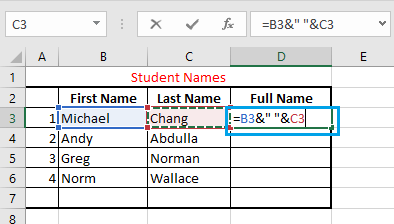 Combine Data and Insert Space Using "&" Operator in Excel