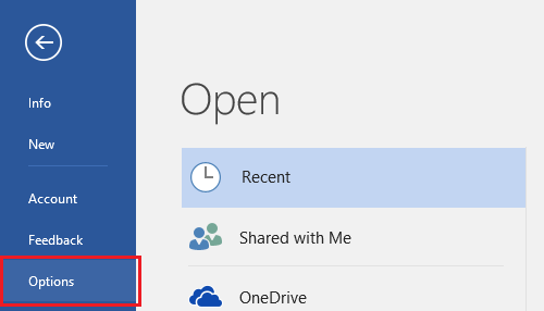 Options Tab in Microsoft Word File Menu