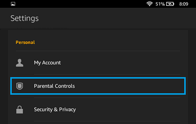 Parental Control Settings Option on Kindle Fire