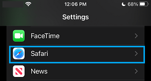 Safari Settings Tab on iPhone