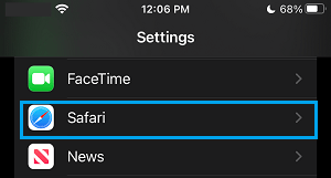 Safari Settings Option on iPhone