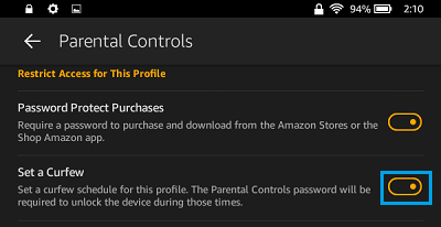 Set Curfew Option on Kindle Fire Parental Control Screen